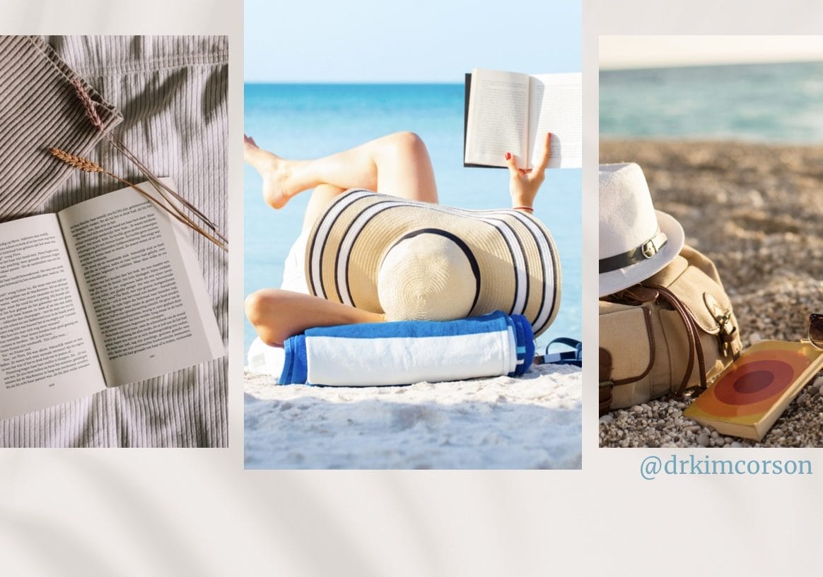 cream background with three tiled beach photos. An open book, a person in white brimmed hat reading a book, and a pile of books on the beach with a hat on top